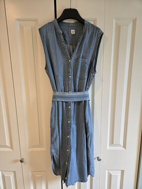 GAP Light Blue Sleeveless Denim Midi Dress with Self Tie Belt